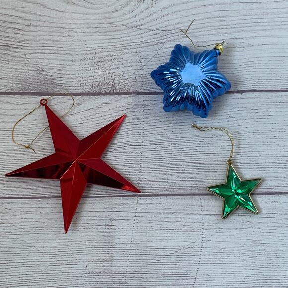 Star Christmas Tree Ornaments Set of 3 Different Stars Red Blue Green Plastic - Picture 1 of 8